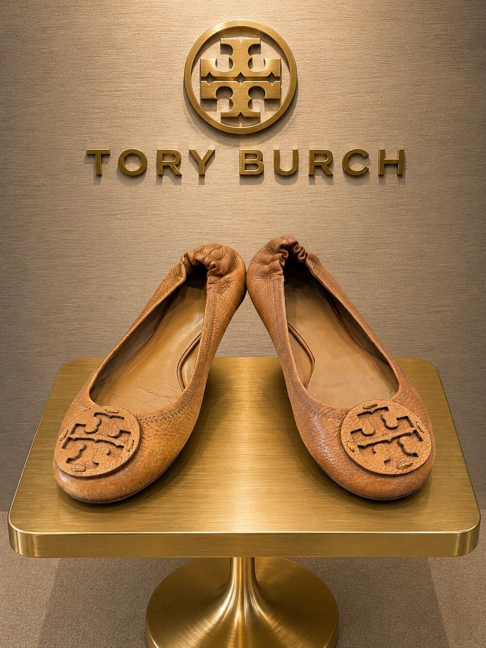 Tory Burch Reva Royal Tan Tumbled Leather Ballet Flats Women’s 8.5